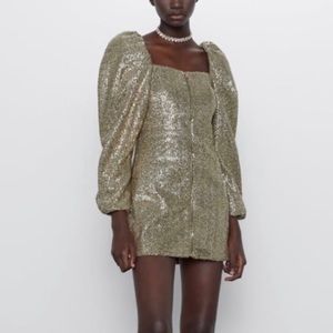 ZARA nwt gold sequin zipper puff sleeve dress